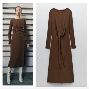 Zara Knit Tie Waist Midi Dress in Chocolate L NWOT